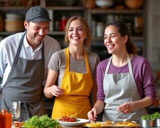 Participants souriants lors d'un atelier de cuisine.