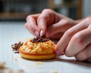 Gros plan sur des mains décorant une pâtisserie fine.
