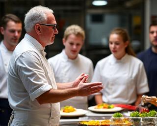 Un chef expliquant une technique à un groupe d'élèves attentifs.