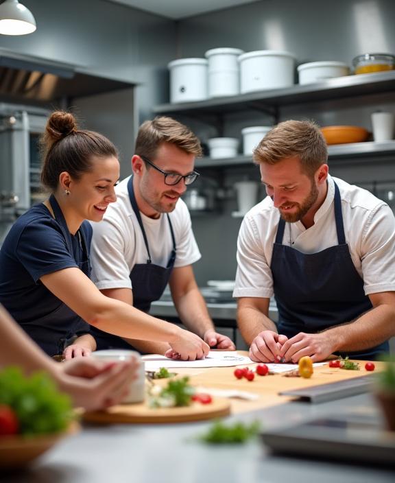 L'équipe de Table Harmonie collaborant dans une cuisine professionnelle moderne.