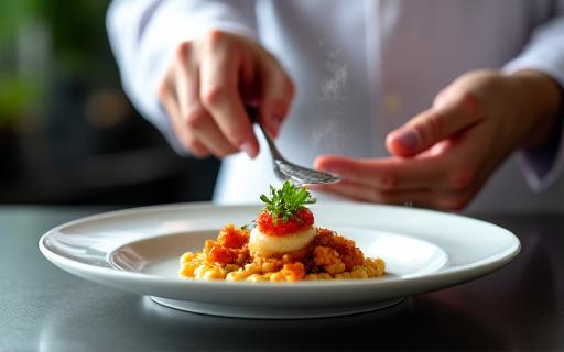 Chef finalisant le dressage d'un plat.